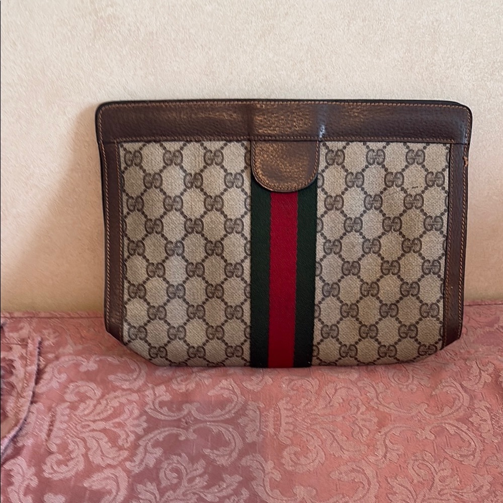 Gucci Beige and Brown Laptop Bag with Red and Green Stripe